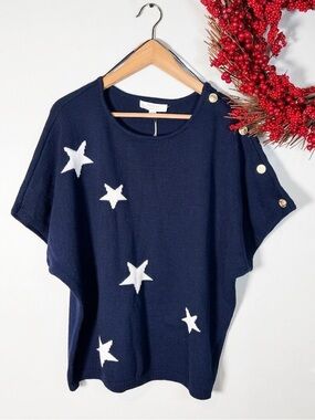 Brit. NY Womens Plus 1X Star Short Sleeve Knit Top Coastal Navy White Cotton